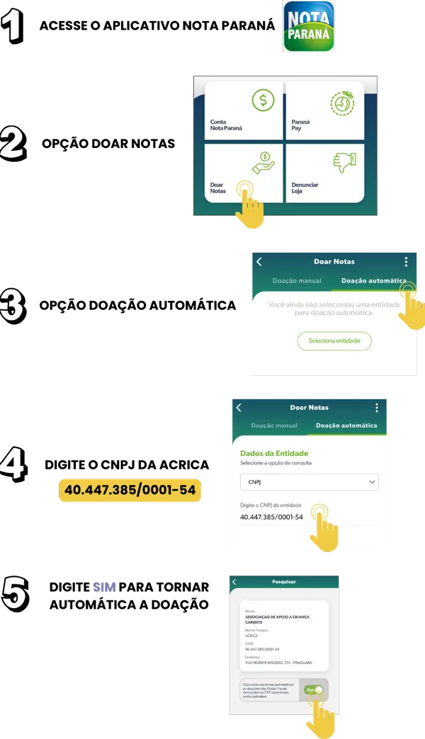 Telas do aplicativo Nota Paraná mostrando os cinco passos da doação automática para a ACRICA