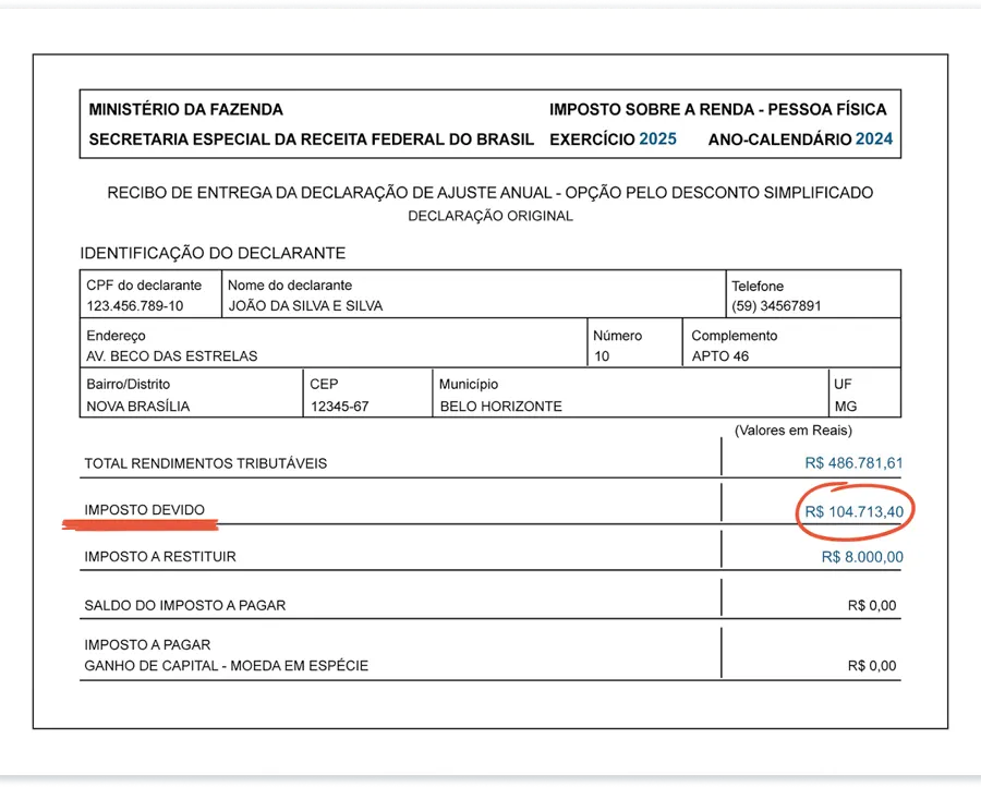 Exemplo de recibo de entrega da declaração, com dados fictícios, e o campo Imposto devido destacado em vermelho